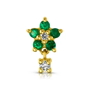 SINGLE EMERALD FLOWER DIAMOND FLAT BACK STUD, 14kt Gold