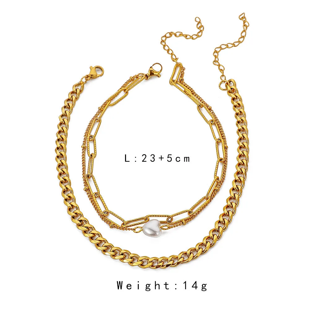 Stainless Steel Gold Three-Layer Chain Diamond Pearl Anklet