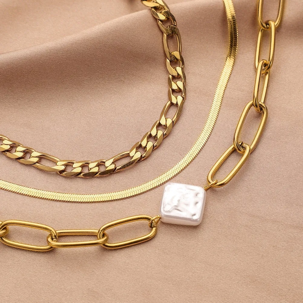 Stainless Steel Gold Three-Layer Chain Diamond Pearl Anklet