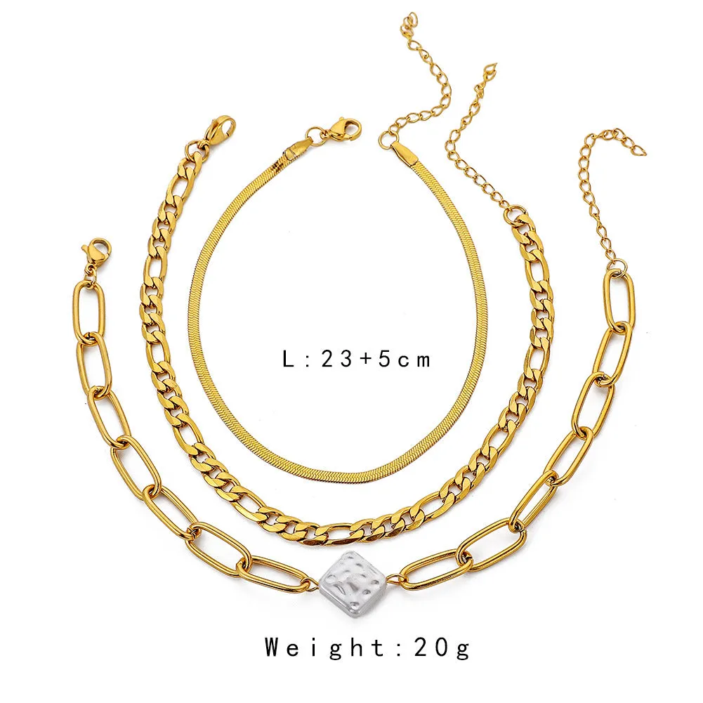 Stainless Steel Gold Three-Layer Chain Diamond Pearl Anklet