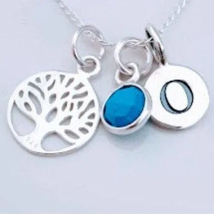 Sterling Silver Initial, Gemstone and Family Tree Pendant Necklace