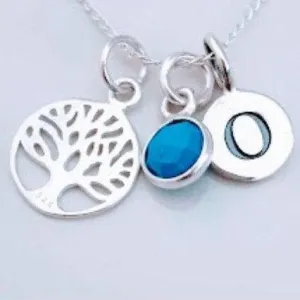 Sterling Silver Initial, Gemstone and Family Tree Pendant Necklace