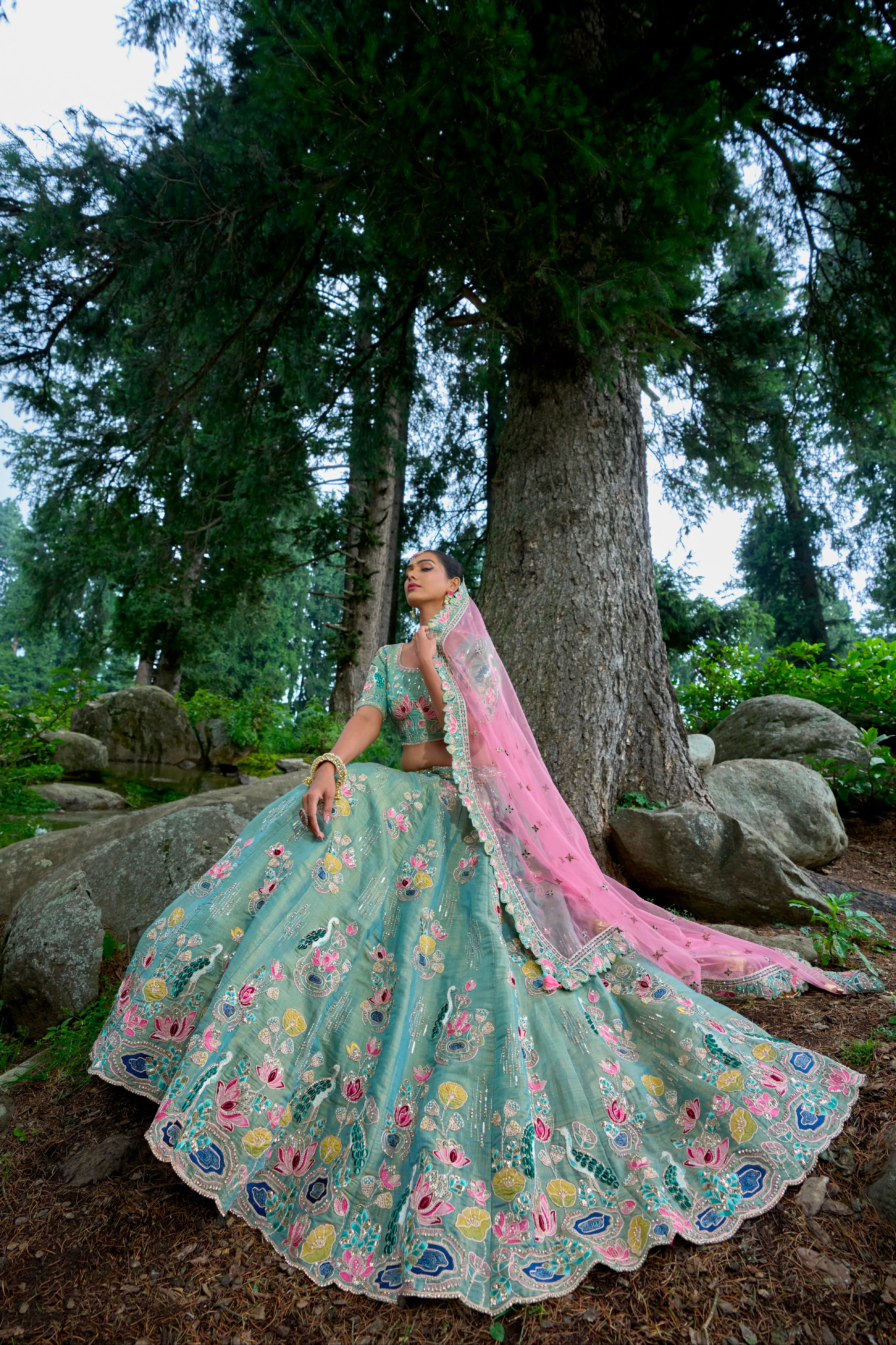 Stunning Green Granite Bridal Lehenga Choli with Pink Dupatta