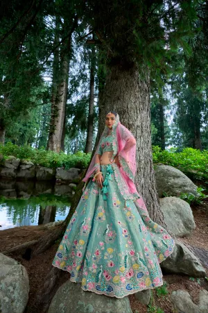 Stunning Green Granite Bridal Lehenga Choli with Pink Dupatta