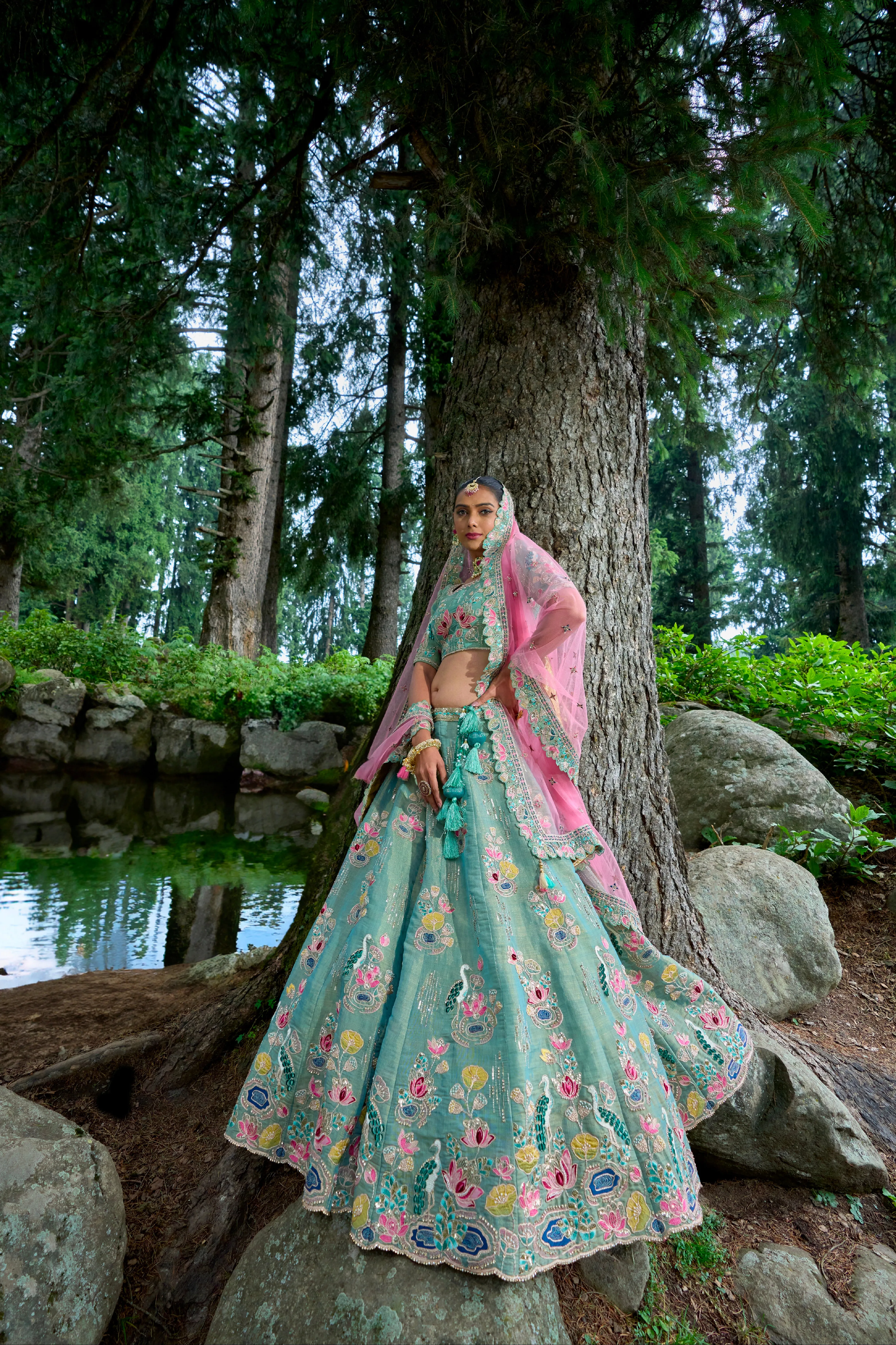 Stunning Green Granite Bridal Lehenga Choli with Pink Dupatta