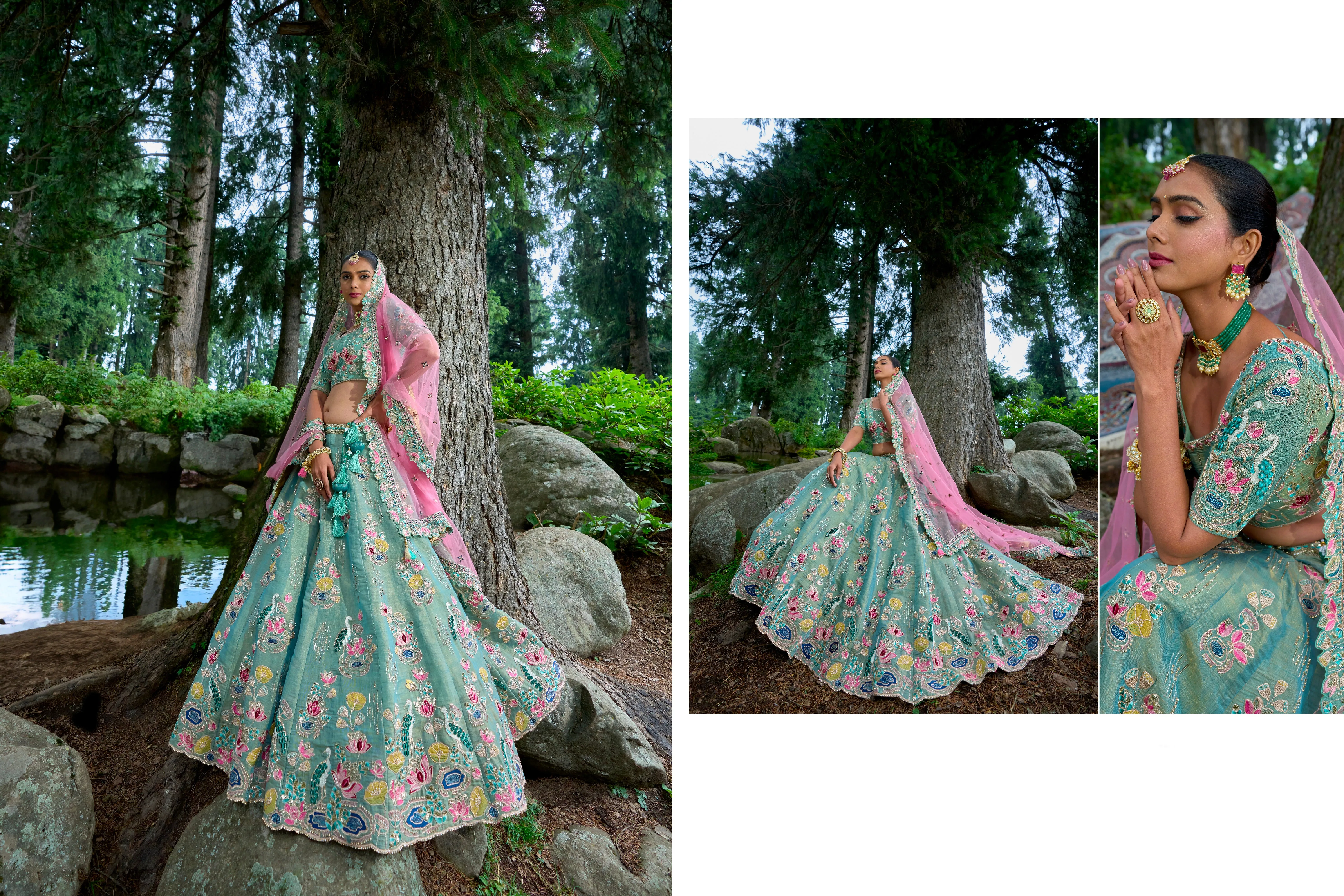 Stunning Green Granite Bridal Lehenga Choli with Pink Dupatta
