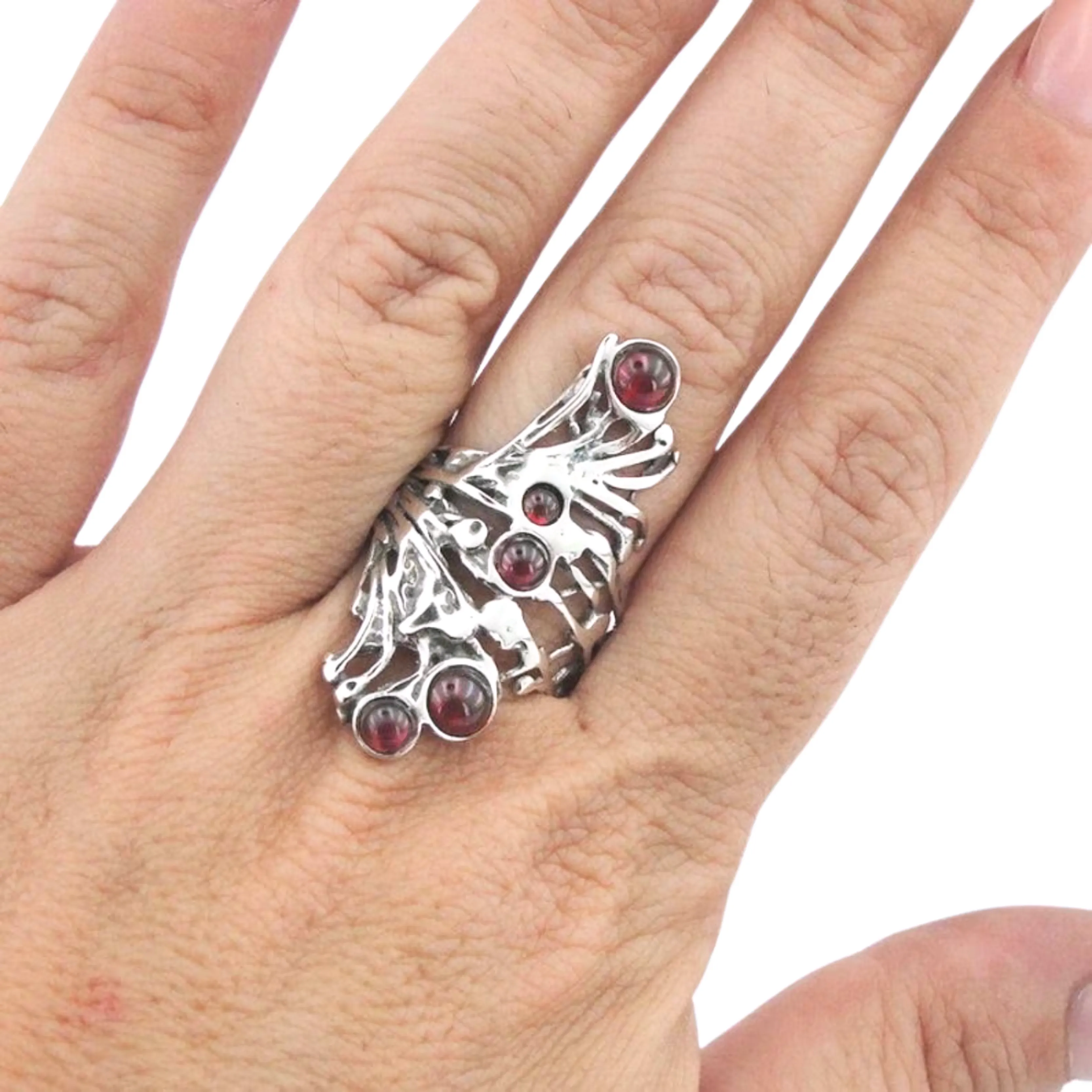 Stunning Long Sterling Silver Garnet Ring