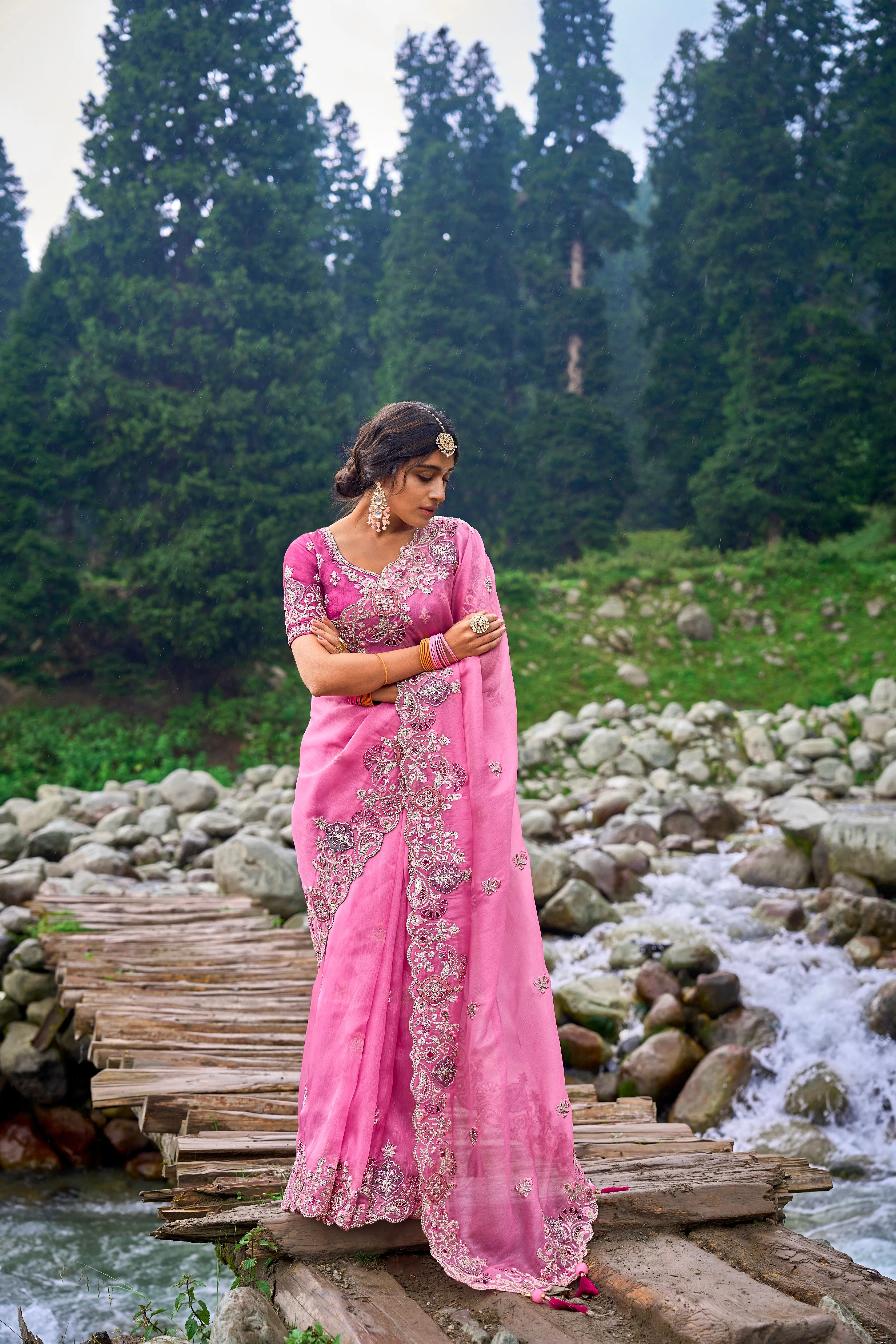 Stunning Pink Organza Saree with Silk Blouse for Weddings