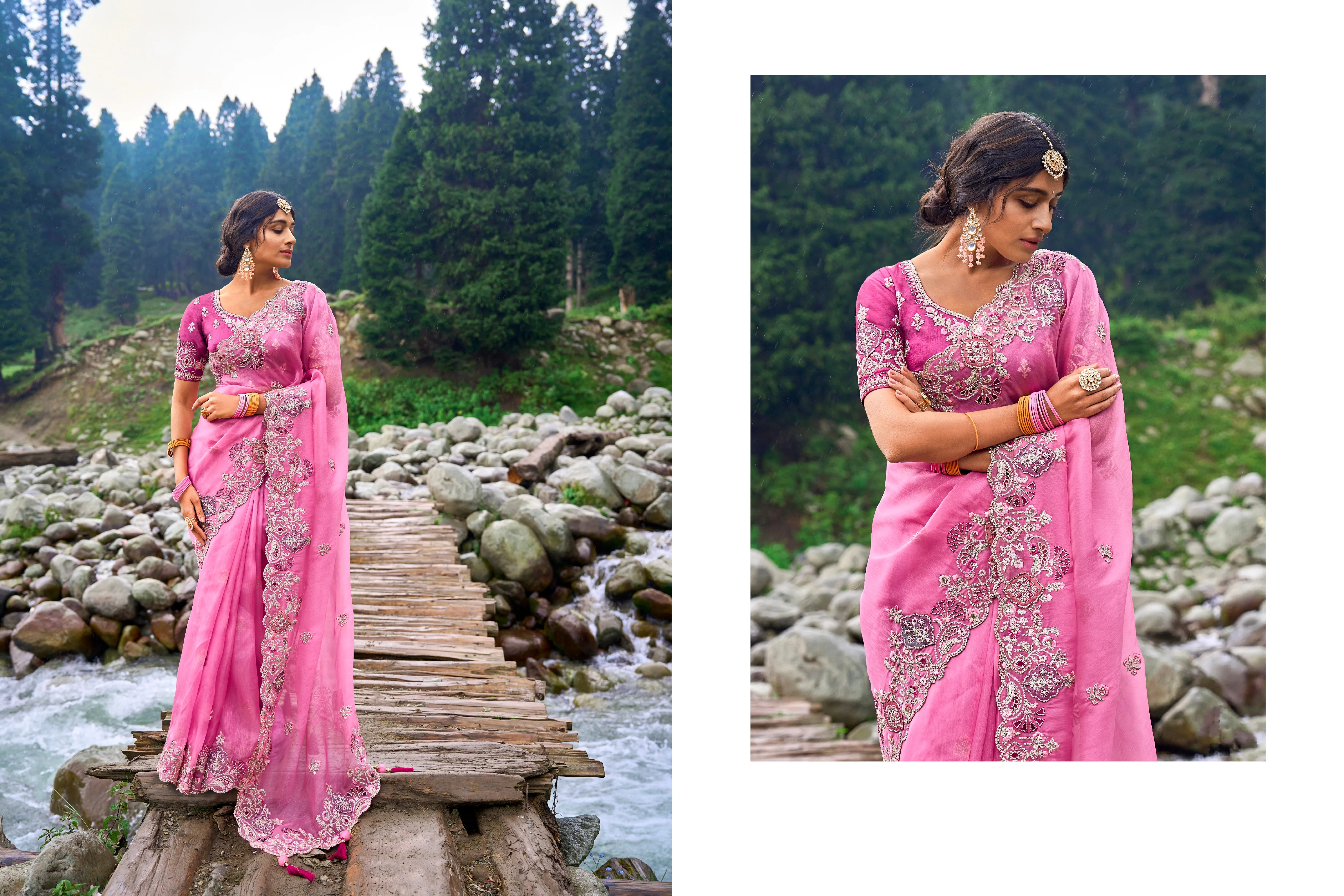 Stunning Pink Organza Saree with Silk Blouse for Weddings