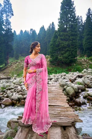 Stunning Pink Organza Saree with Silk Blouse for Weddings