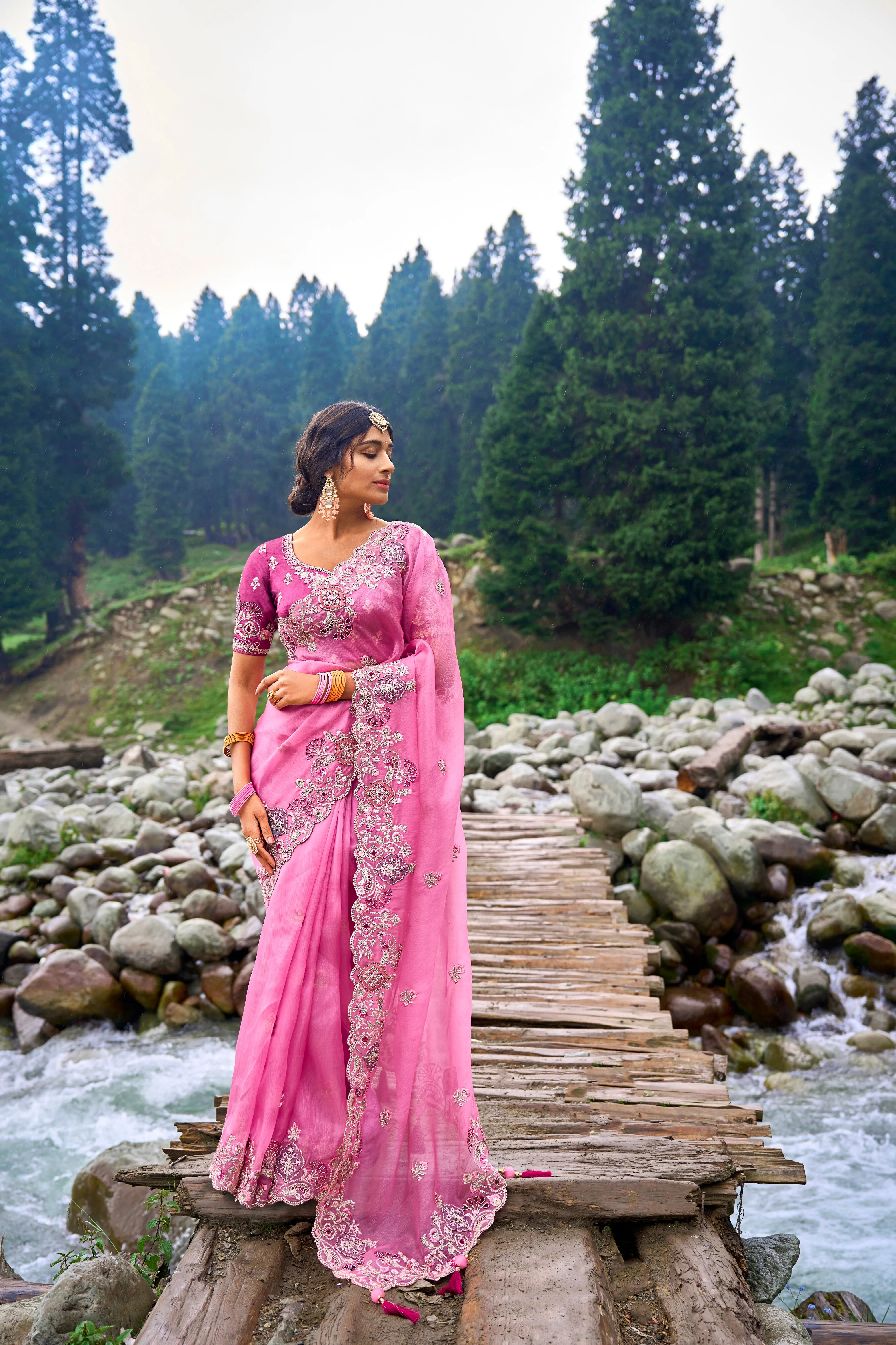 Stunning Pink Organza Saree with Silk Blouse for Weddings
