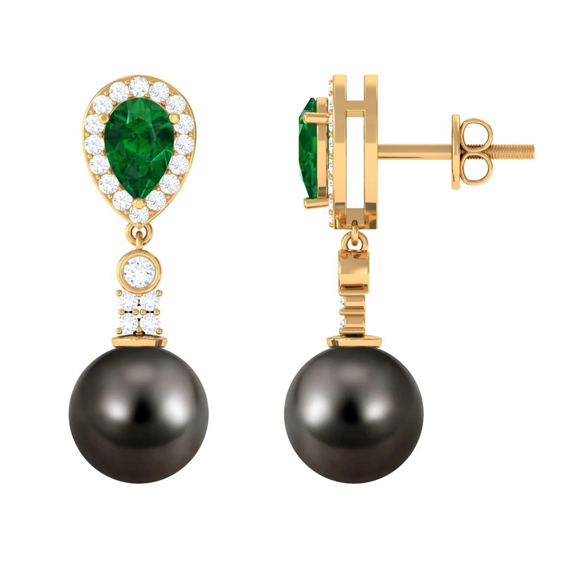 Tahitian Pearl and Created Emerald Drop Earrings with Moissanite