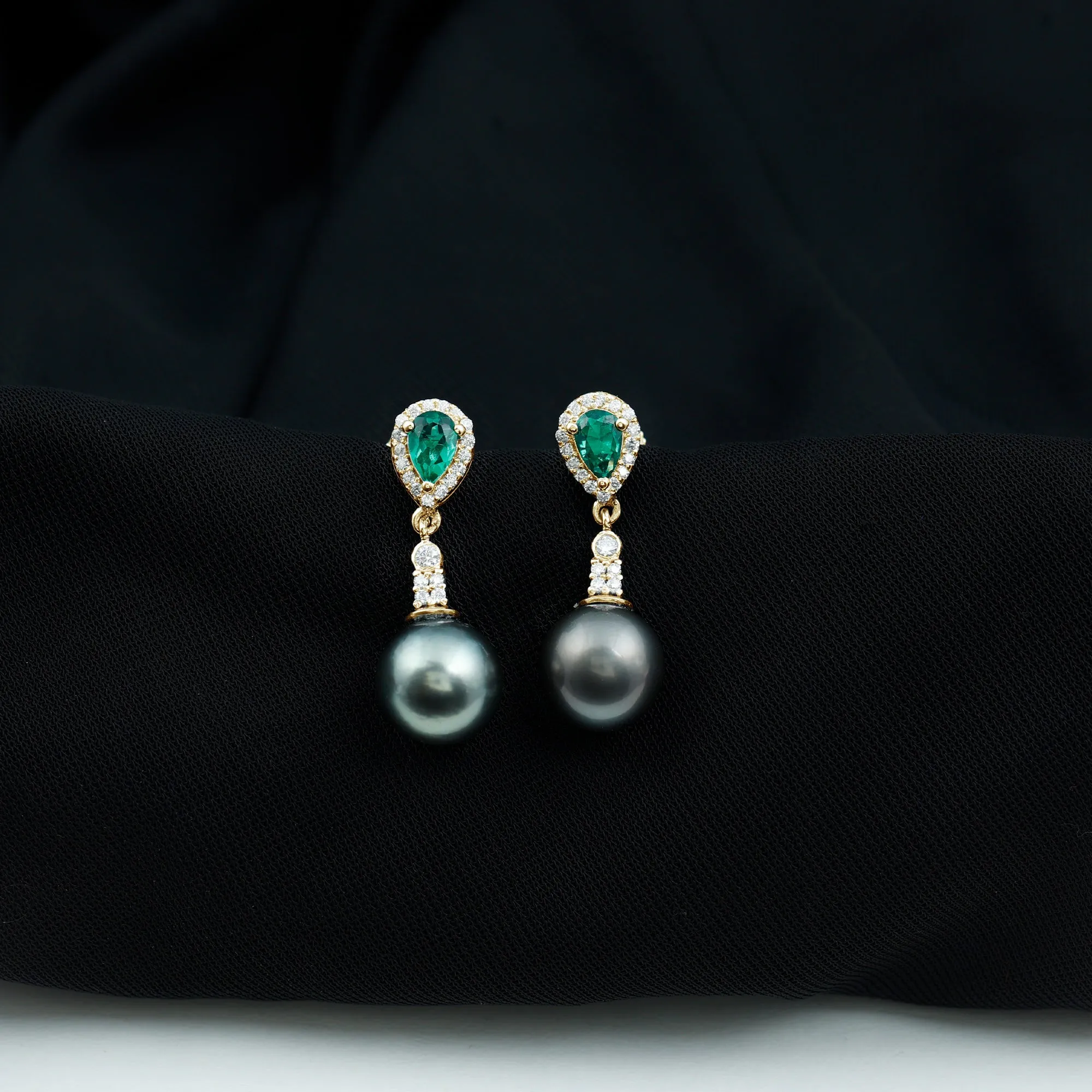 Tahitian Pearl and Created Emerald Drop Earrings with Moissanite