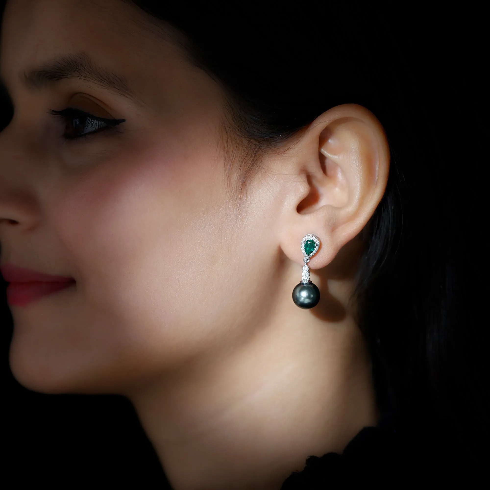 Tahitian Pearl and Created Emerald Drop Earrings with Moissanite