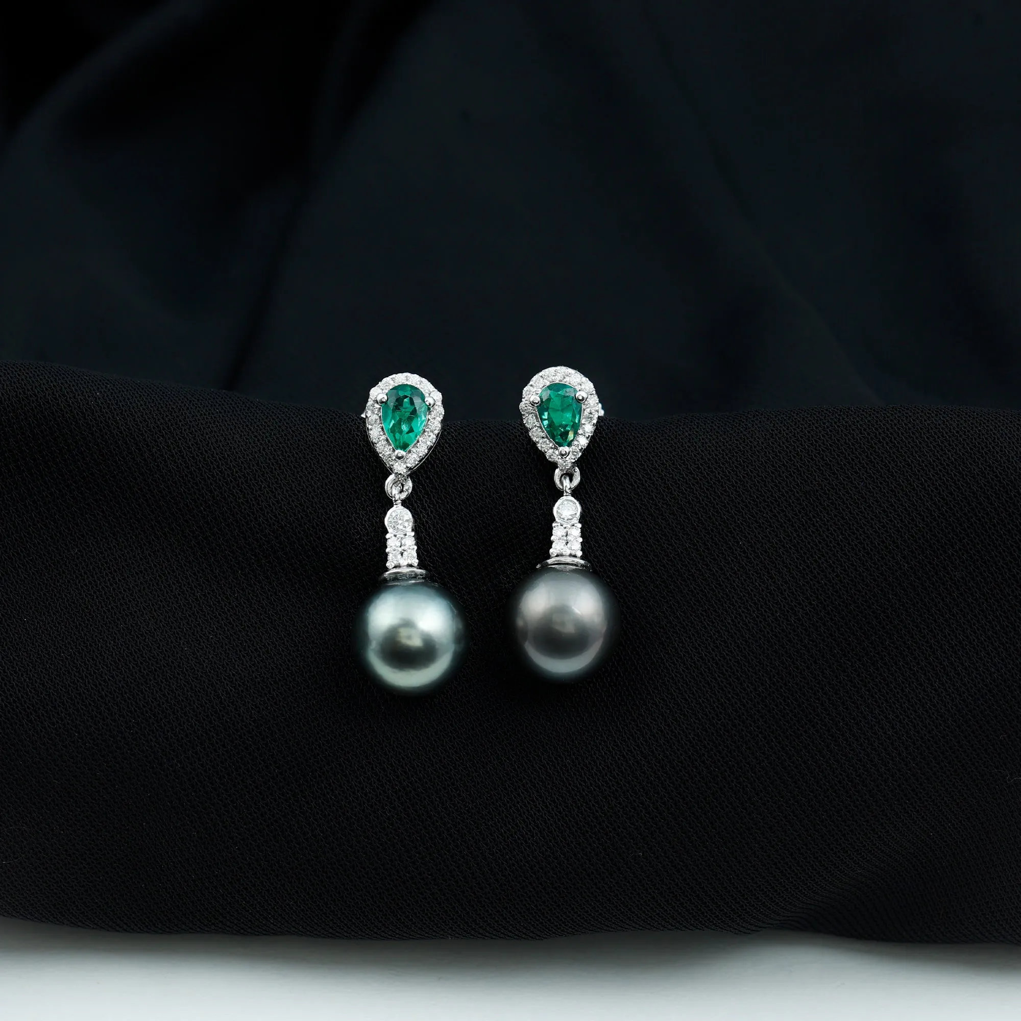 Tahitian Pearl and Created Emerald Drop Earrings with Moissanite