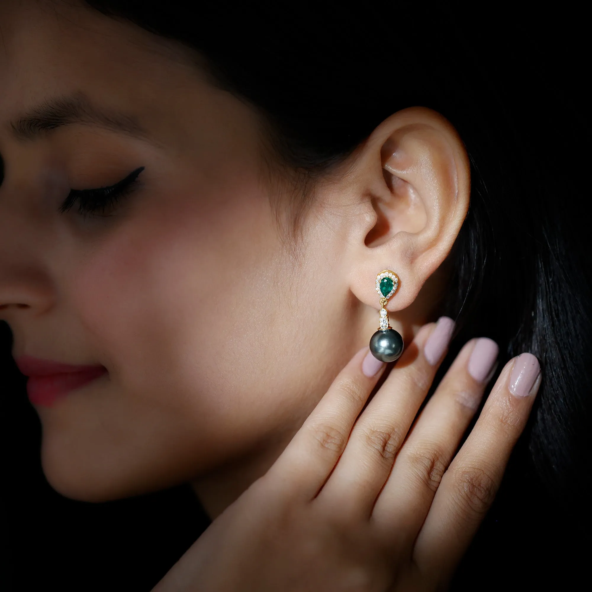 Tahitian Pearl and Created Emerald Drop Earrings with Moissanite