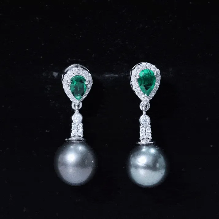 Tahitian Pearl and Created Emerald Drop Earrings with Moissanite