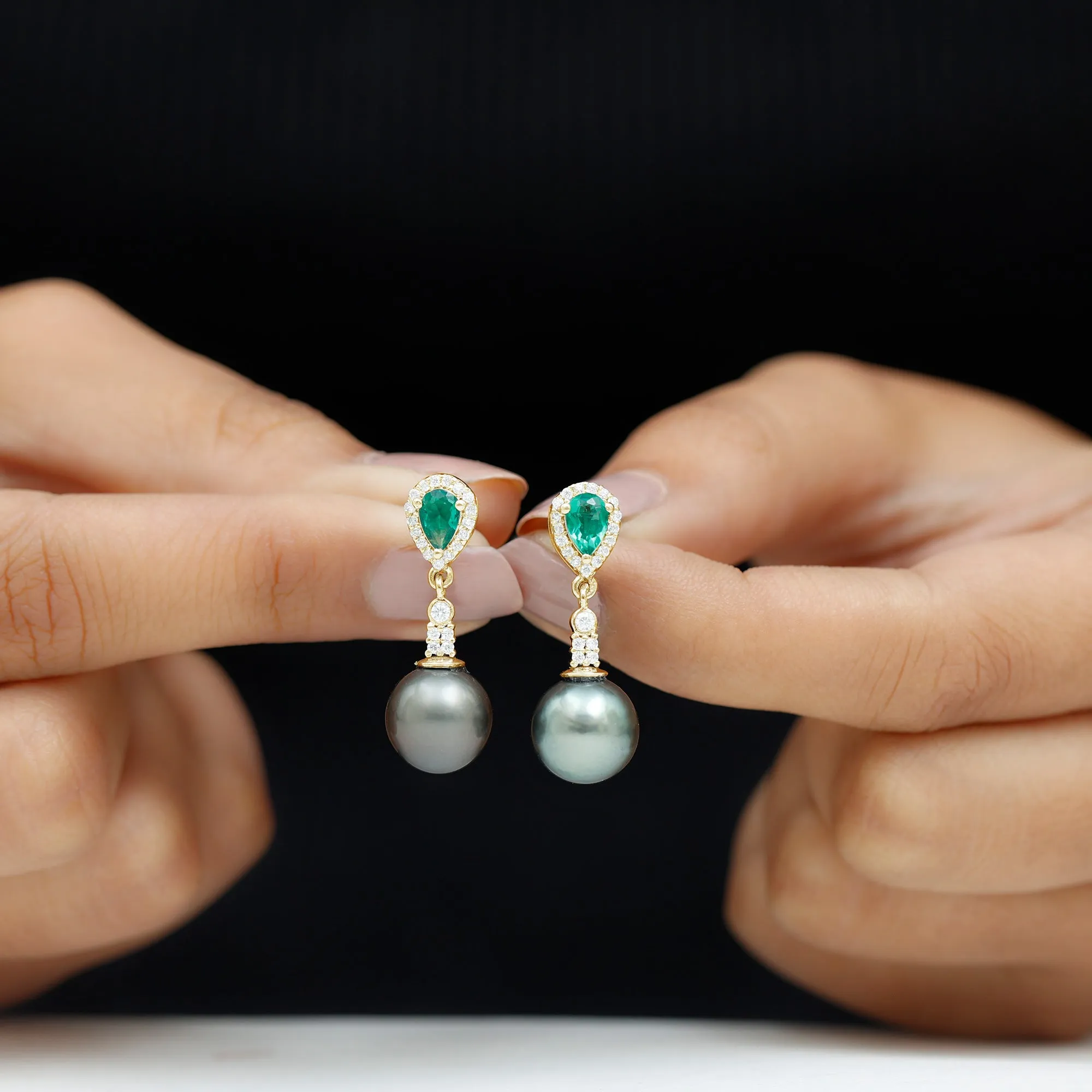 Tahitian Pearl and Created Emerald Drop Earrings with Moissanite