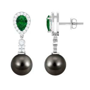 Tahitian Pearl and Created Emerald Drop Earrings with Moissanite