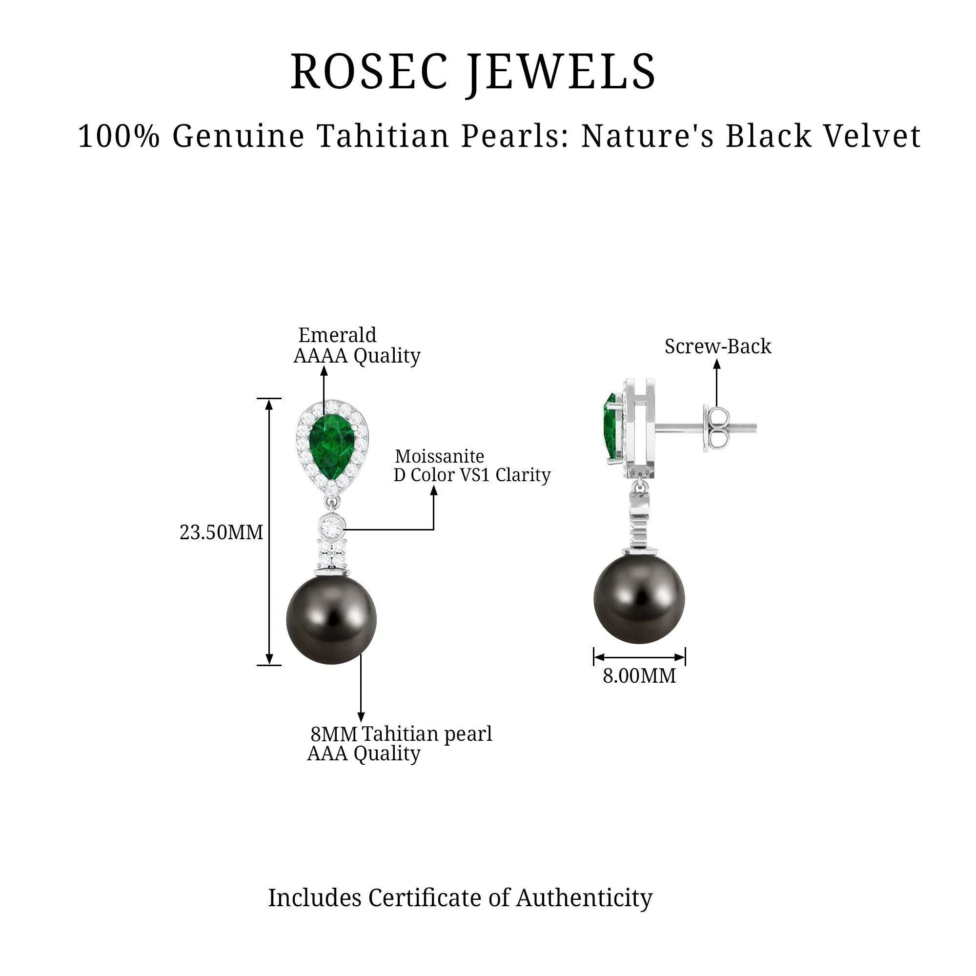 Tahitian Pearl and Created Emerald Drop Earrings with Moissanite