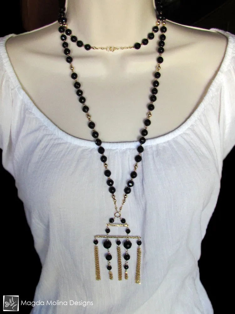 The Stunning Gold And Black Onyx Necklace With Tassel Pendant