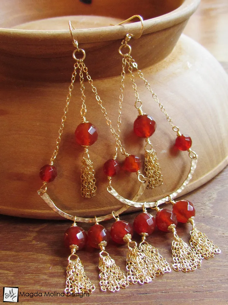 The Stunning Gold And Carnelian Chandelier Tassel Earrings