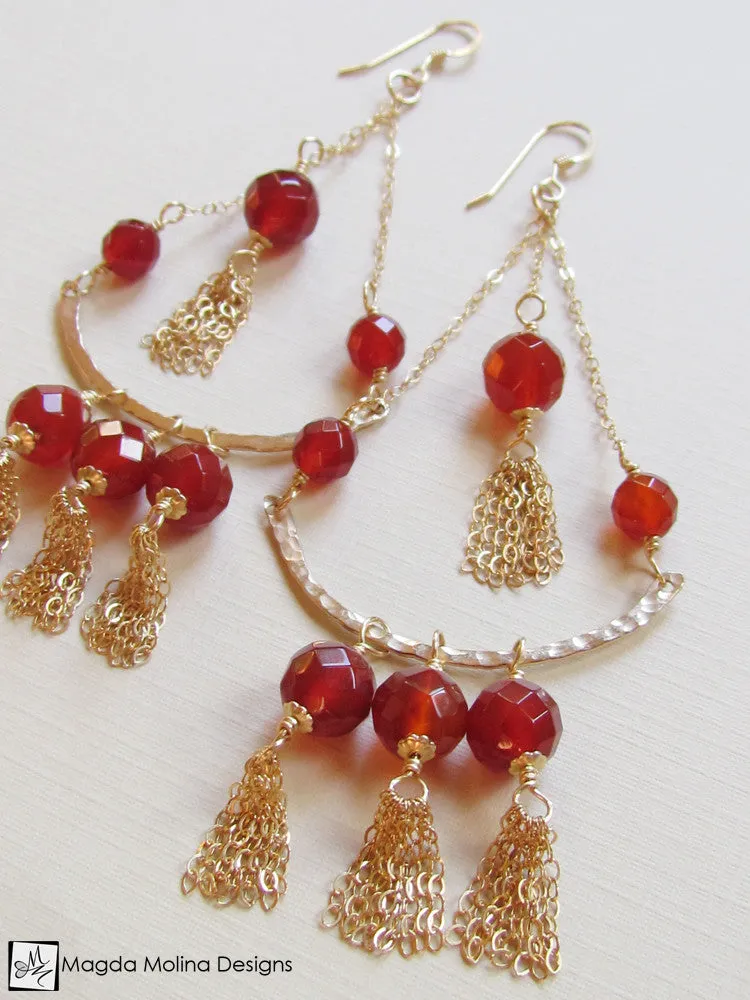 The Stunning Gold And Carnelian Chandelier Tassel Earrings