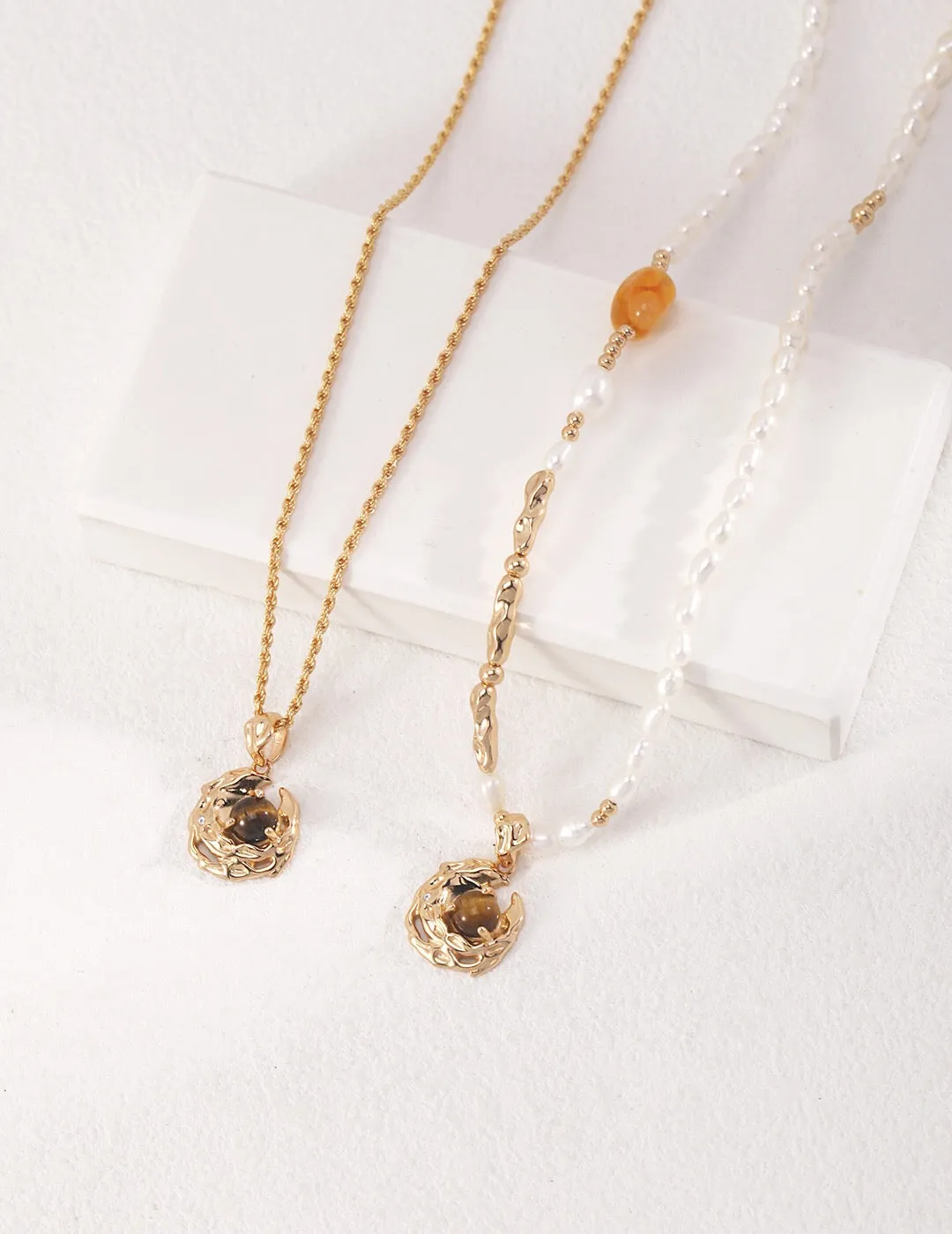 Tiger Eye Gemstone Pearl Necklace