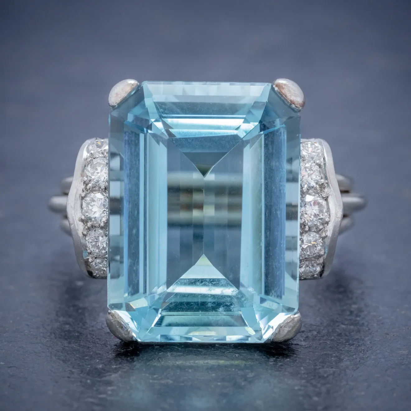 Vintage Aquamarine Diamond Ring 14Ct White Gold 15Ct Emerald Cut Aqua