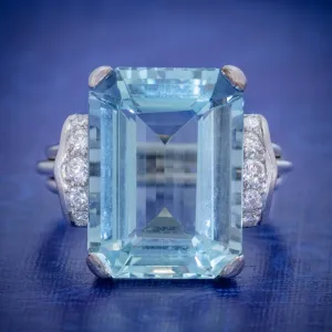 Vintage Aquamarine Diamond Ring 14Ct White Gold 15Ct Emerald Cut Aqua