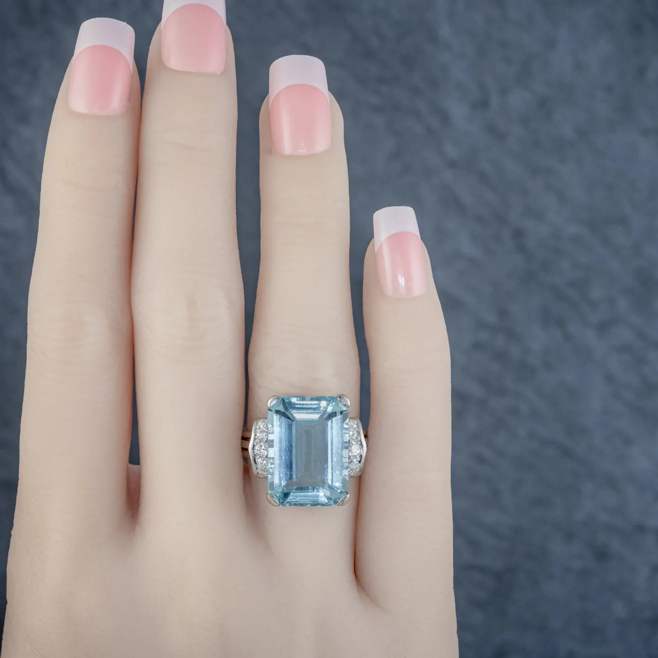 Vintage Aquamarine Diamond Ring 14Ct White Gold 15Ct Emerald Cut Aqua