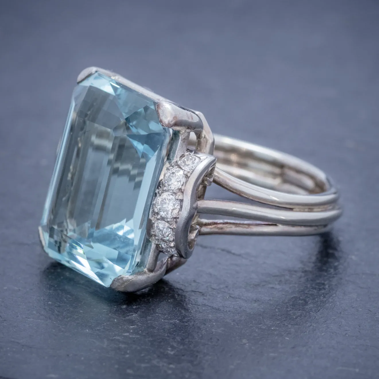 Vintage Aquamarine Diamond Ring 14Ct White Gold 15Ct Emerald Cut Aqua