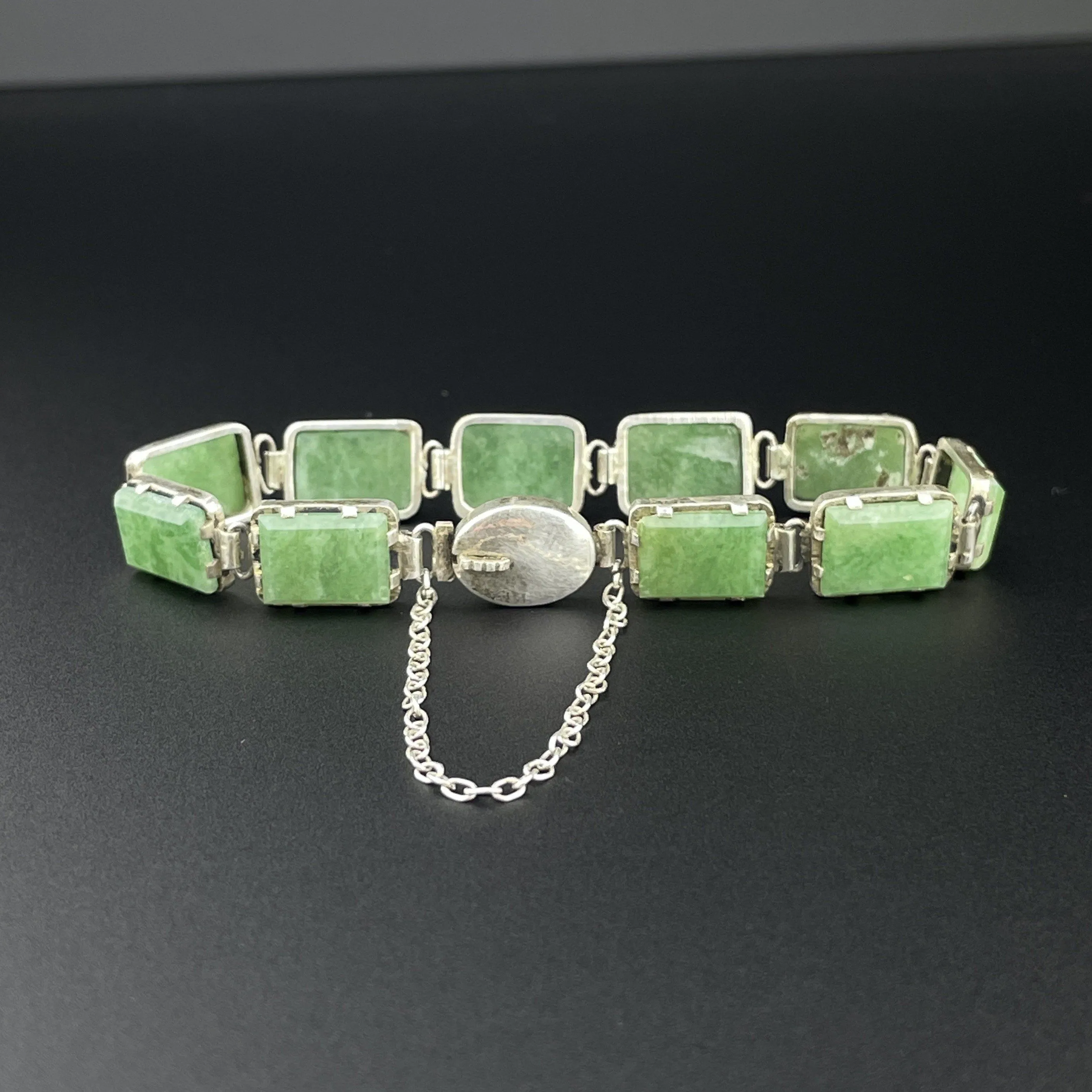 Vintage Art Deco Silver Green Agate Stone Link Bracelet