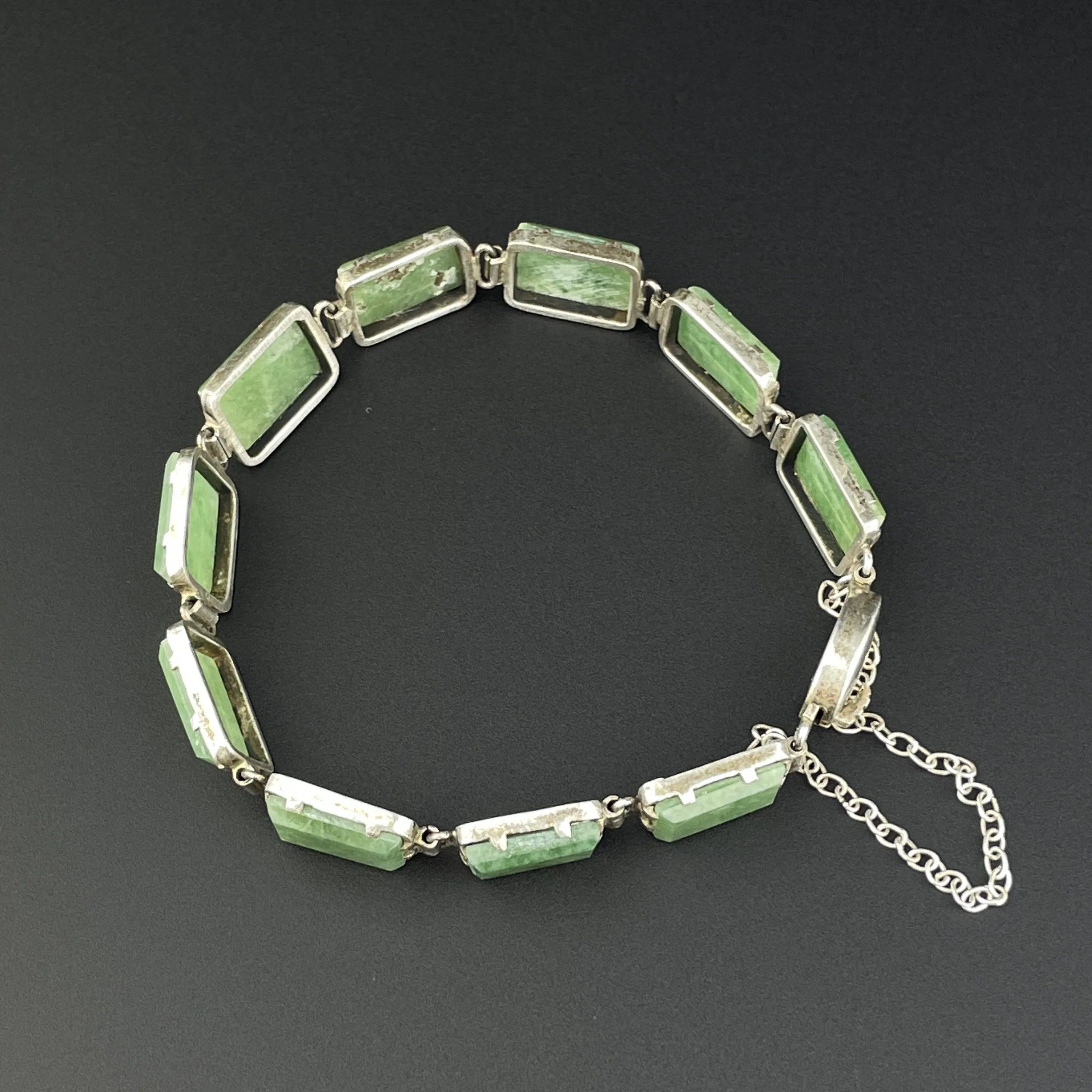 Vintage Art Deco Silver Green Agate Stone Link Bracelet