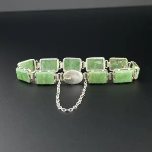 Vintage Art Deco Silver Green Agate Stone Link Bracelet