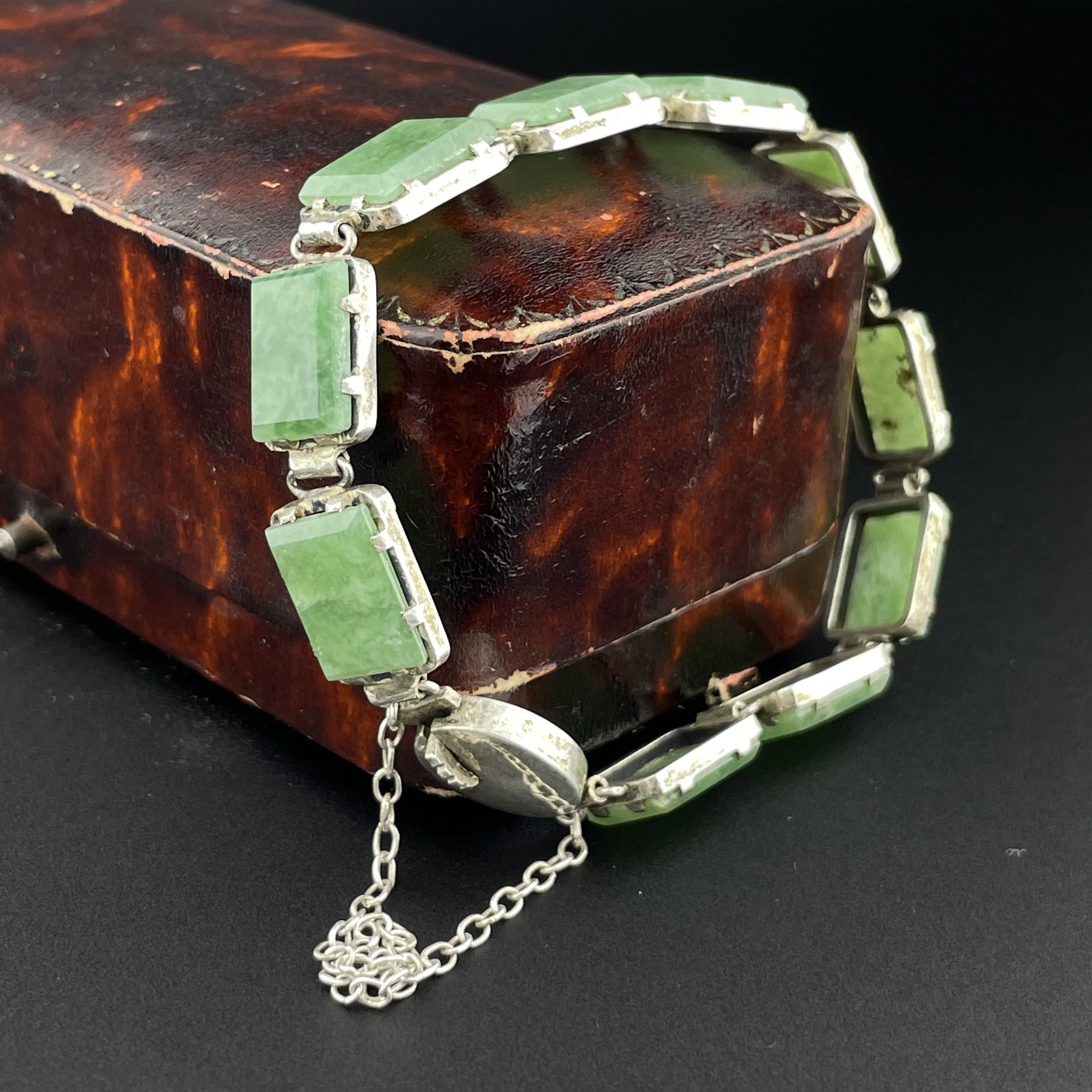 Vintage Art Deco Silver Green Agate Stone Link Bracelet