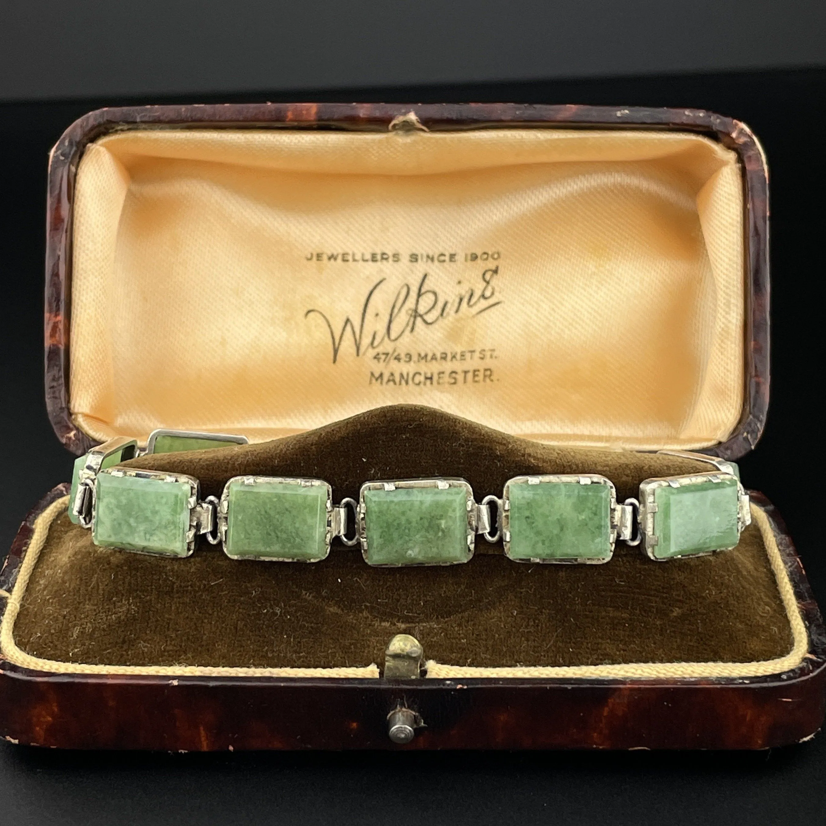Vintage Art Deco Silver Green Agate Stone Link Bracelet