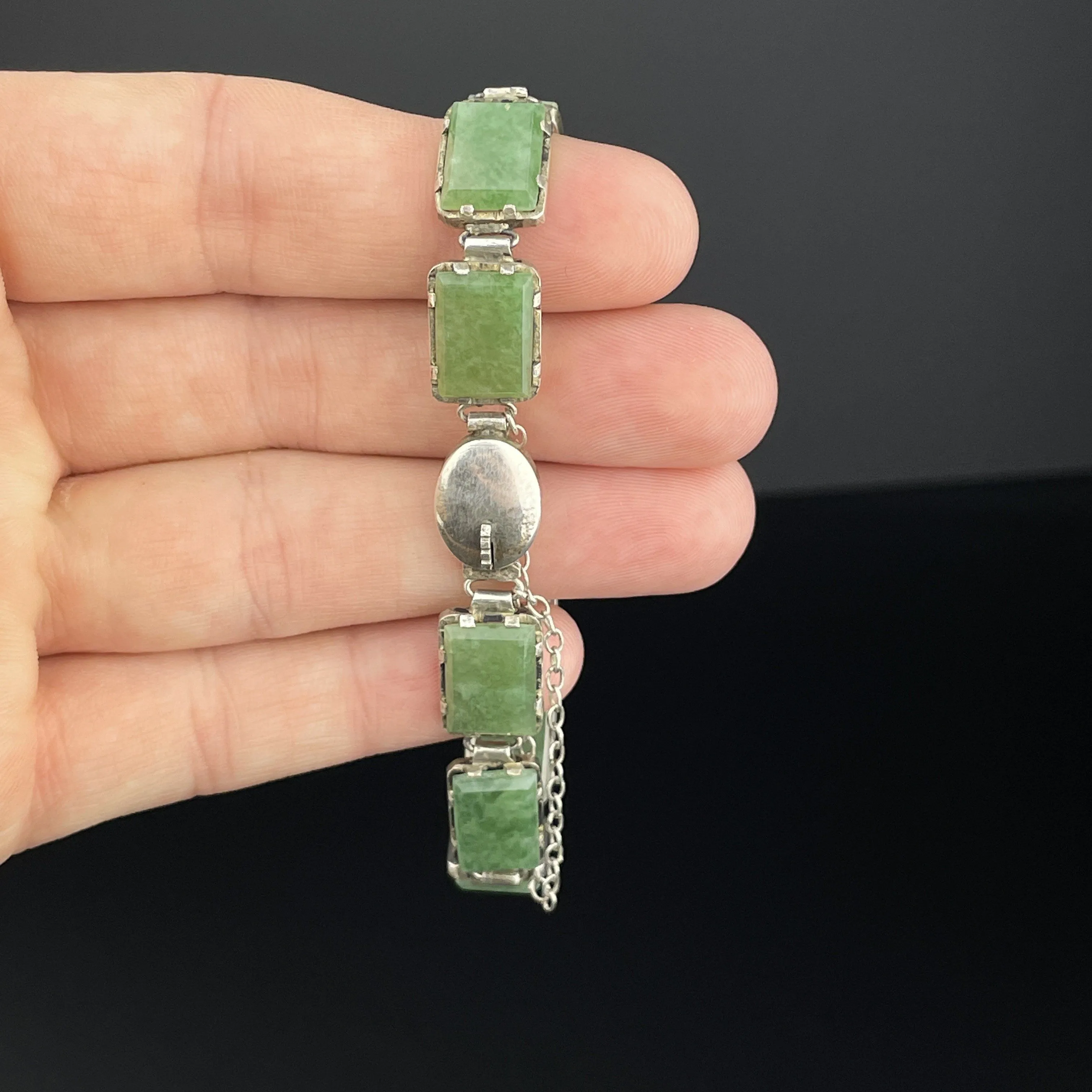 Vintage Art Deco Silver Green Agate Stone Link Bracelet