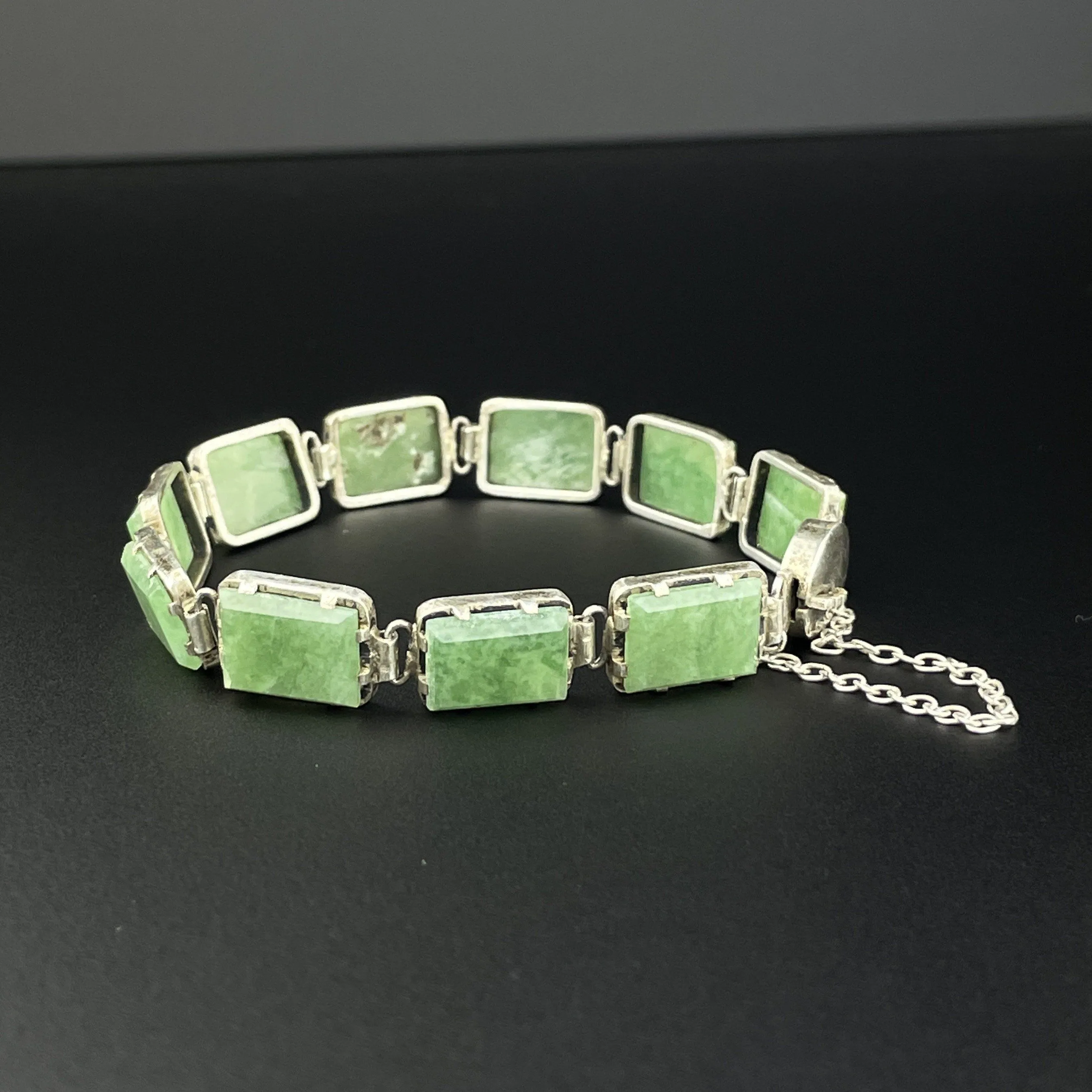 Vintage Art Deco Silver Green Agate Stone Link Bracelet