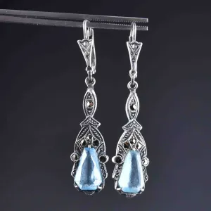 Vintage Silver Marcasite Blue Stone Earrings