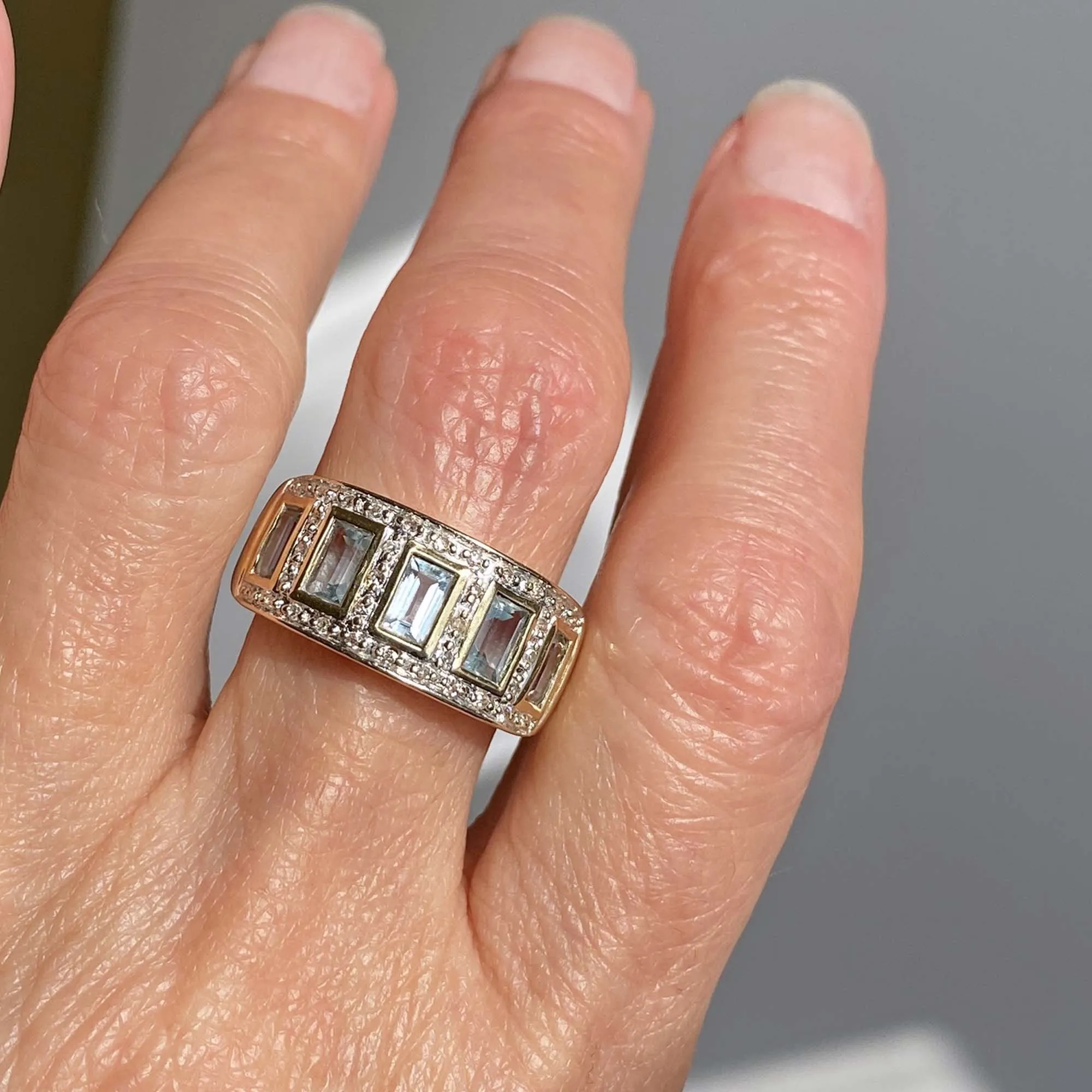 Wide Band Diamond Aquamarine Ring in 14K Gold