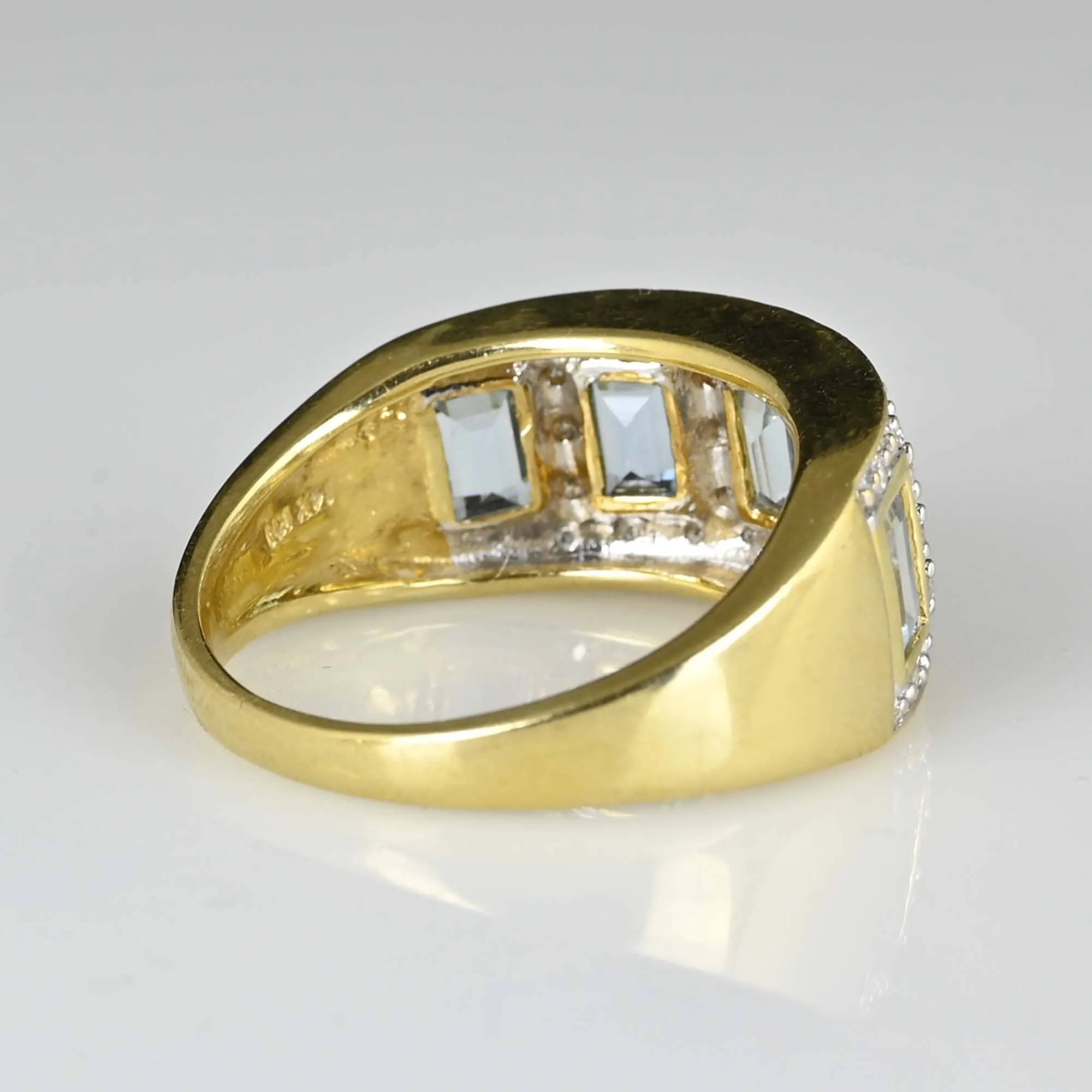 Wide Band Diamond Aquamarine Ring in 14K Gold