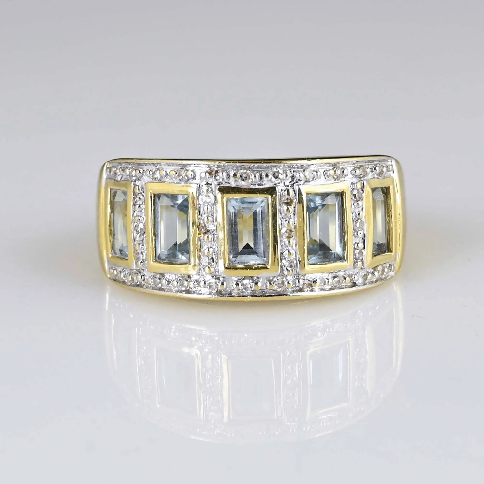 Wide Band Diamond Aquamarine Ring in 14K Gold