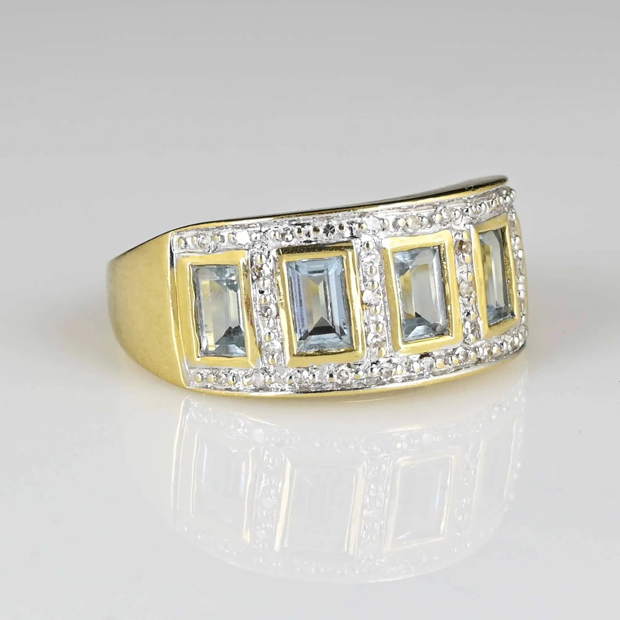Wide Band Diamond Aquamarine Ring in 14K Gold