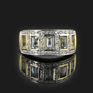 Wide Band Diamond Aquamarine Ring in 14K Gold