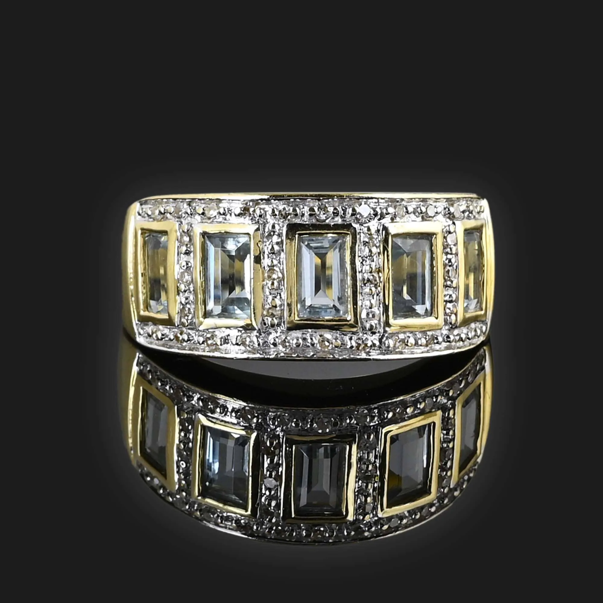 Wide Band Diamond Aquamarine Ring in 14K Gold