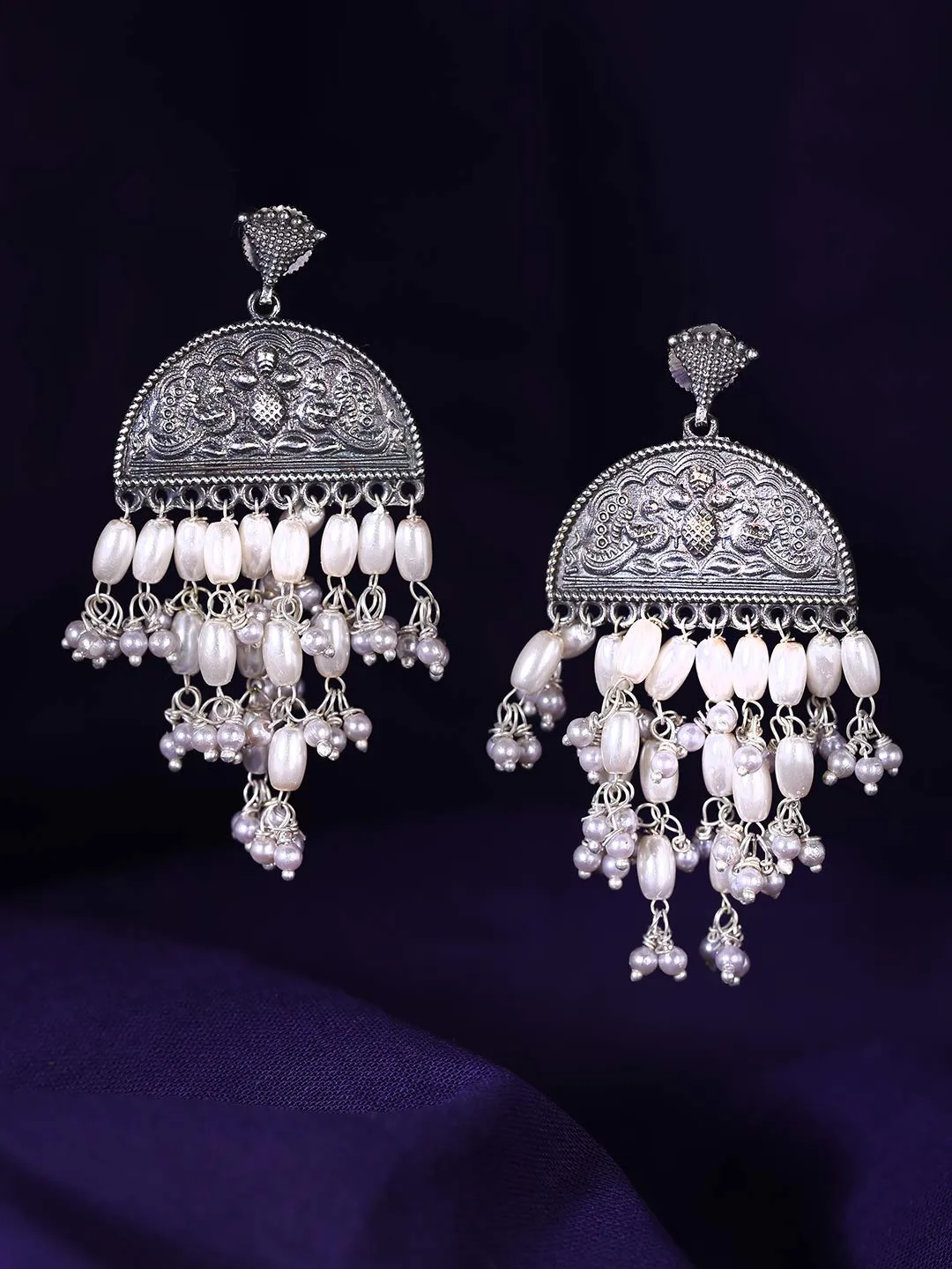 Yellow Chimes German Silver Oxidized Afgani Tribal Style Hanging Pearl Designer Dangle Earring for Women And Girls