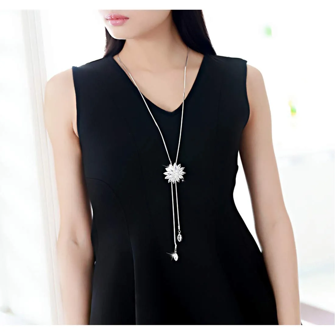 Yellow Chimes Long Chain Necklace for Women Diamond Sparkling Crystal Flower Long Chain Pendant Necklace for Women and Girls.
